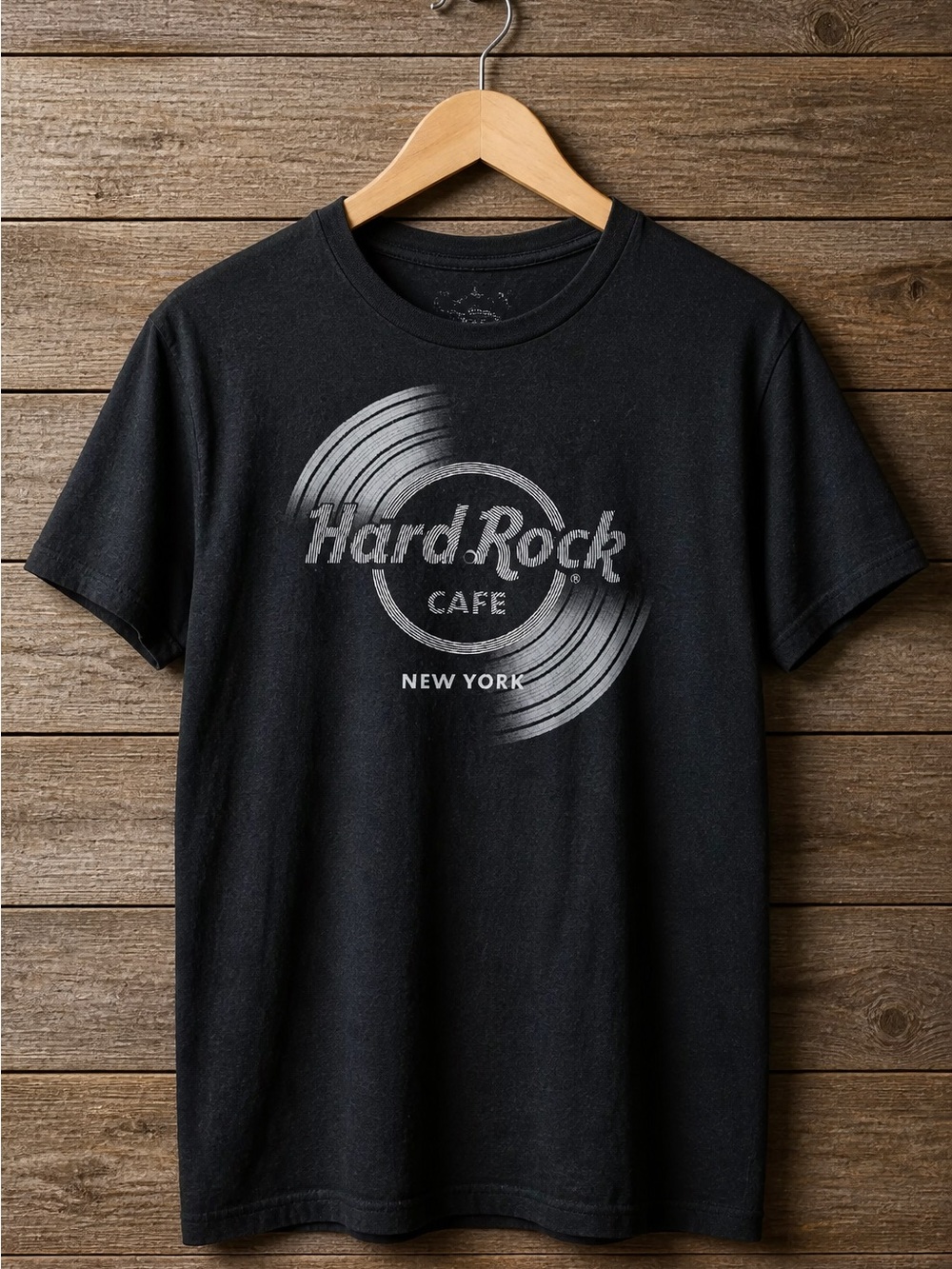 Hard Rock Cafe New York Tee shirt with Silver and black textured “Vinyl” L